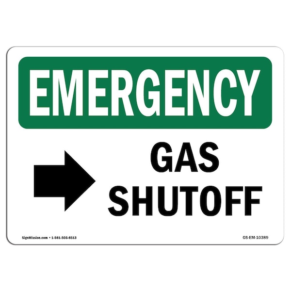 Safety Sign, OSHA EMERGENCY, 7" Height, Aluminum, Gas Shutoff (Right Arrow), Landscape